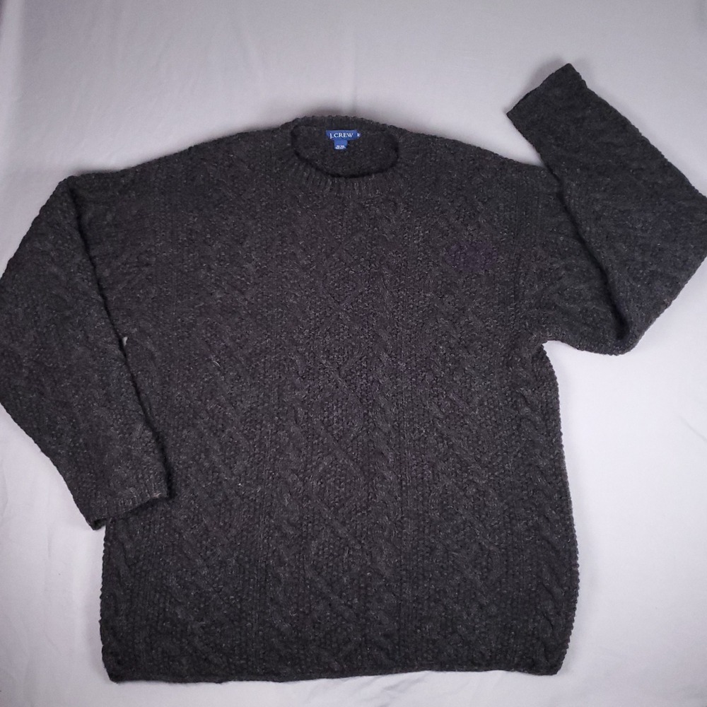 J Crew Sweater Mens XL Tall Charcoal Gray 100% Wool Fisherman Knit Heavy Cable